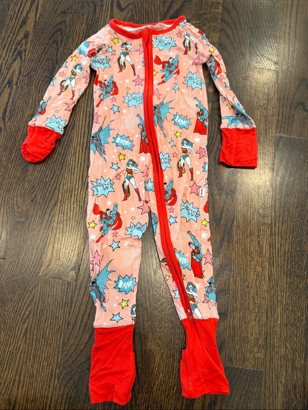 Little Sleepies Pink Superhero Footed One-Piece Pajamas with Red Trim